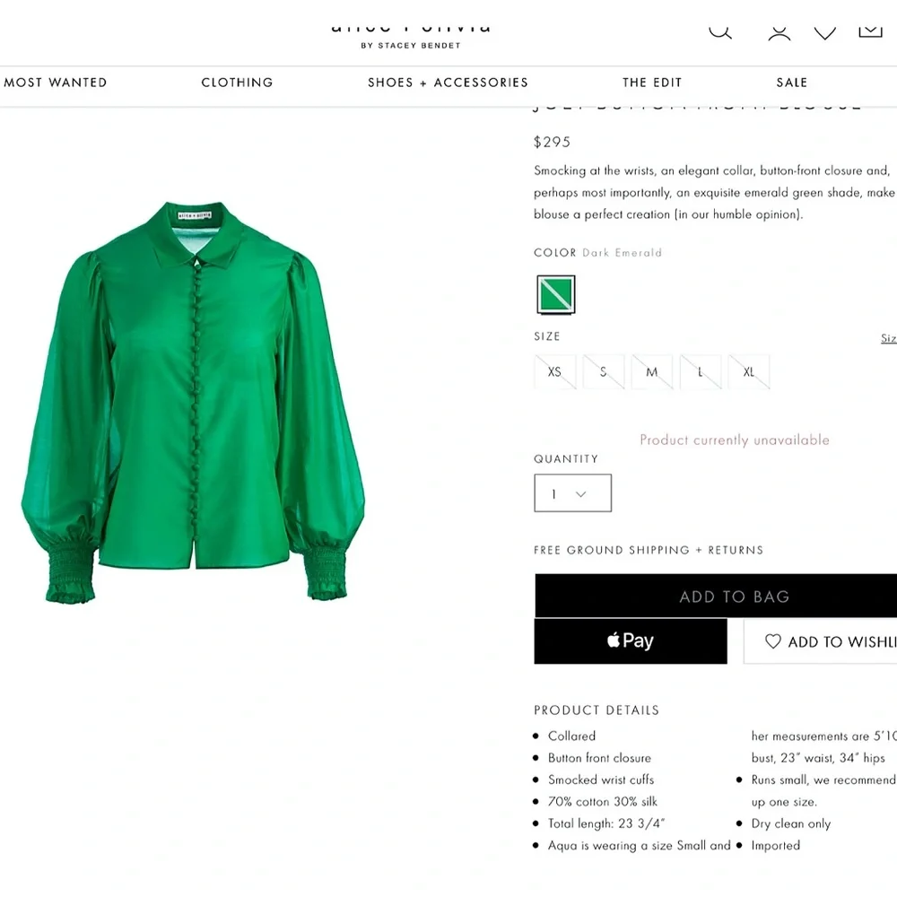 Alice + Olivia Joey Emerald Green Button Front Silk Blend Smocked Blouse - Picture 3 of 15